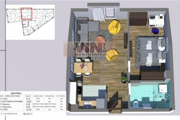 Stan na prodaju u Beogradu, Mirijevo, dvosoban, 45m2, cena 84780 evra