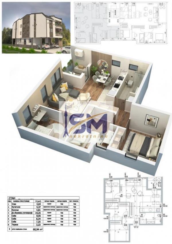 Stan na prodaju u Beogradu, Krnjača, trosoban, 61m2, cena 124927 evra