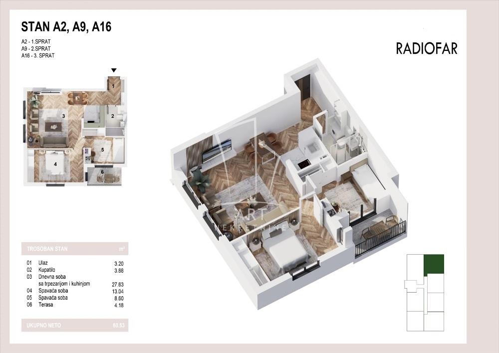 Stan na prodaju u Beogradu, Radiofar, trosoban, 61m2, cena 102901 evra