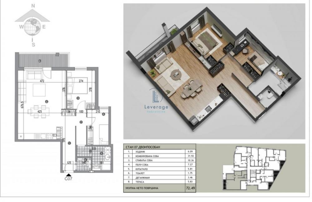Stan na prodaju u Beogradu, Žarkovo, dvoiposoban, 72m2, cena 164769 evra