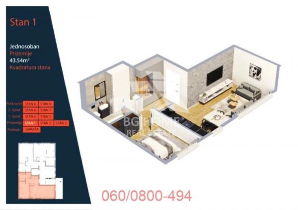 Stan na prodaju u Beogradu, Pašino brdo, jednoiposoban, 44m2, cena 148036 evra