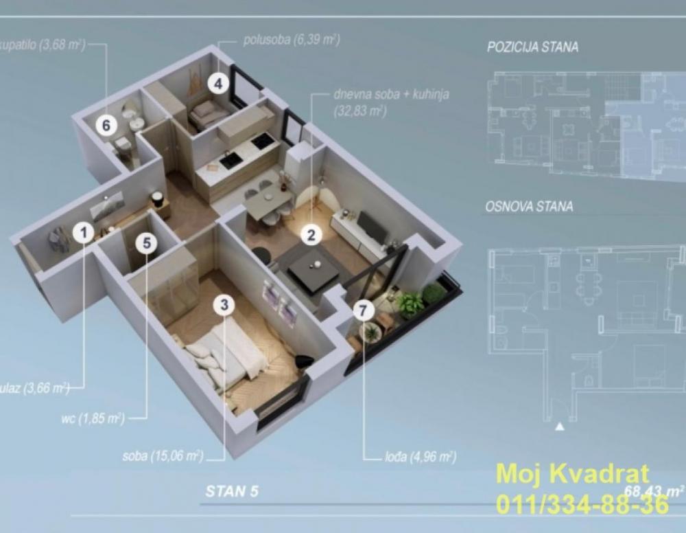 Stan na prodaju u Beogradu, Zeleno brdo, trosoban, 69m2, cena 222500 evra