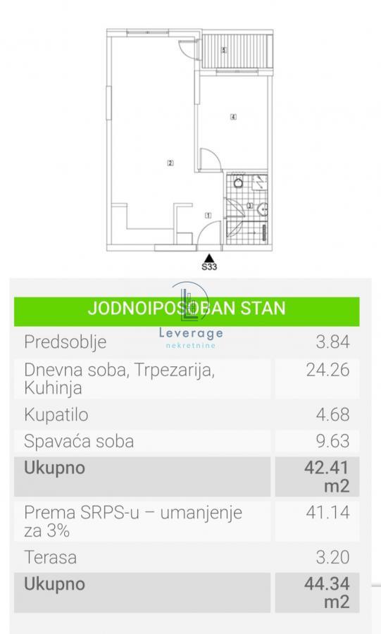 Stan na prodaju u Beogradu, jednoiposoban, 44m2, cena 56755 evra