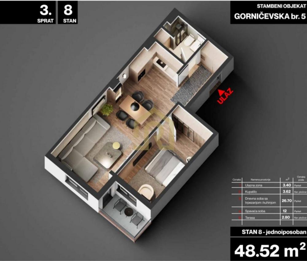 Stan na prodaju u Beogradu, Cvetkova pijaca, dvosoban, 48m2, cena 164968 evra