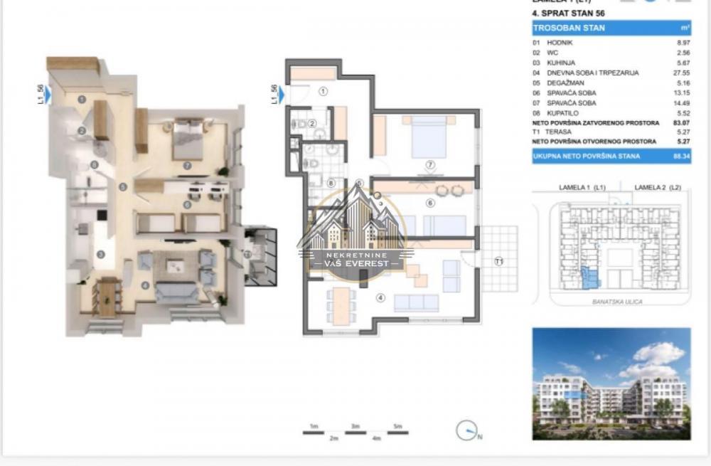 Stan na prodaju u Beogradu, Gornji grad, trosoban, 88m2, cena 269437 evra