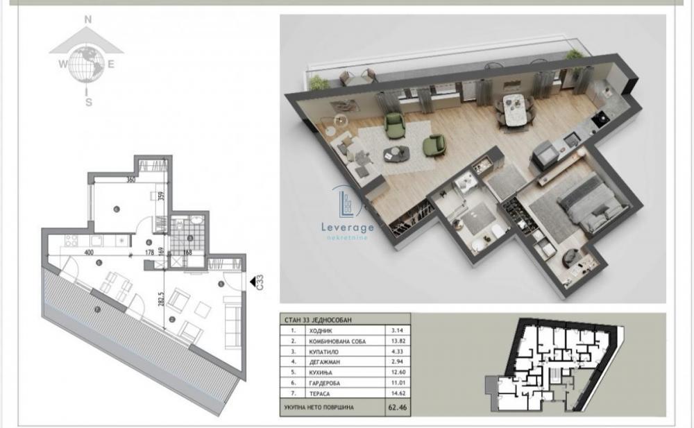 Stan na prodaju u Beogradu, Žarkovo, dvoiposoban, 62m2, cena 164700 evra