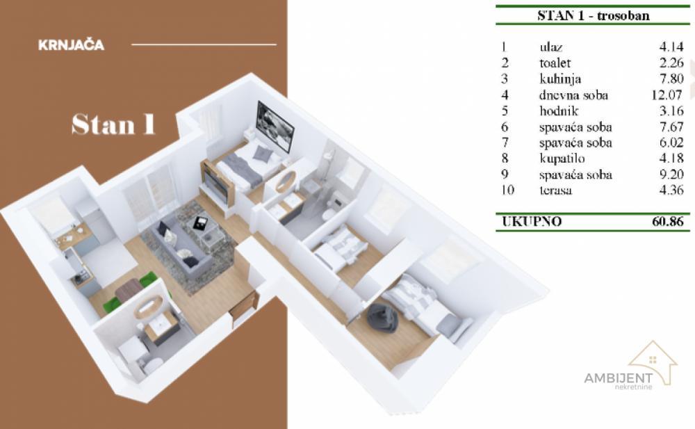 Stan na prodaju u Beogradu, Krnjača, trosoban, 60m2, cena 106505 evra
