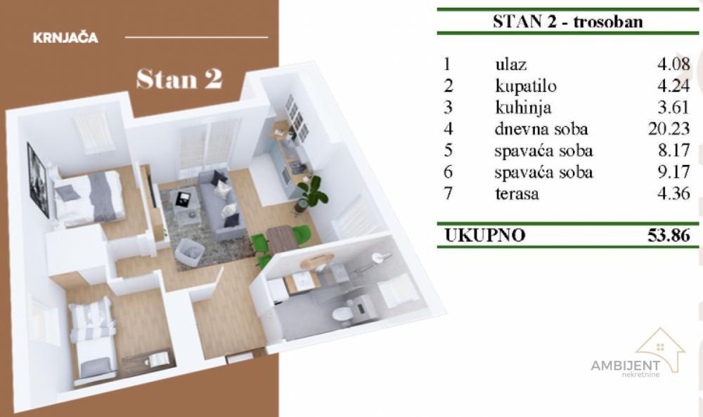 Stan na prodaju u Beogradu, Krnjača, trosoban, 53m2, cena 94255 evra