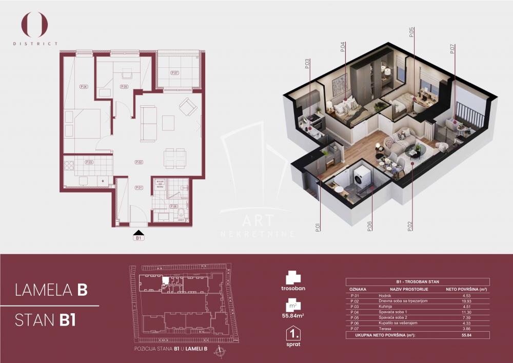Stan na prodaju u Beogradu, Borča, trosoban, 56m2, cena 110563 evra