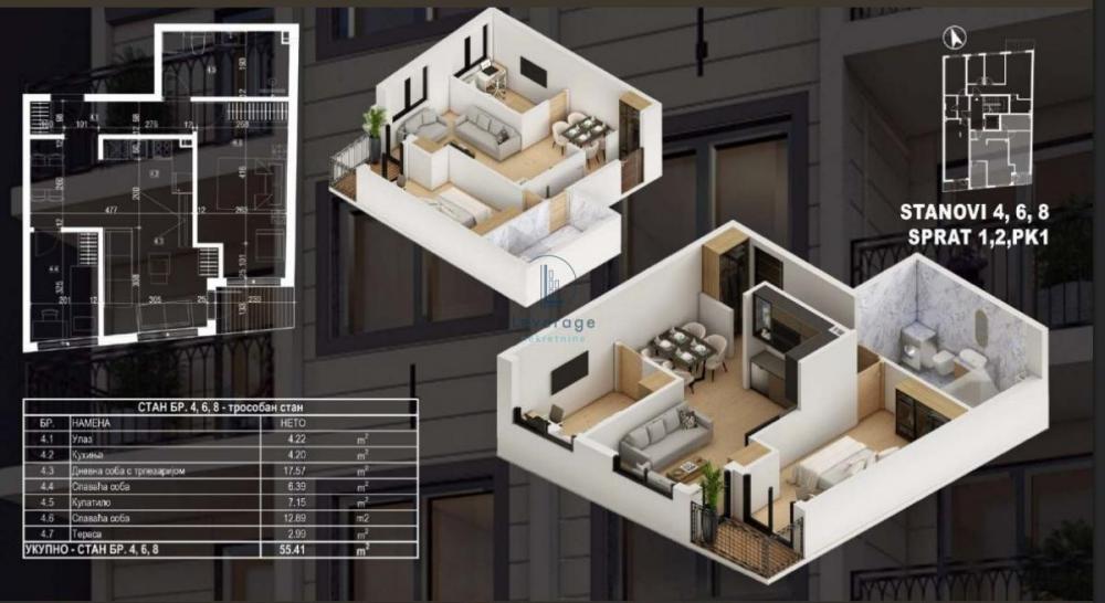 Stan na prodaju u Beogradu, Pašino brdo, trosoban, 55m2, cena 182850 evra