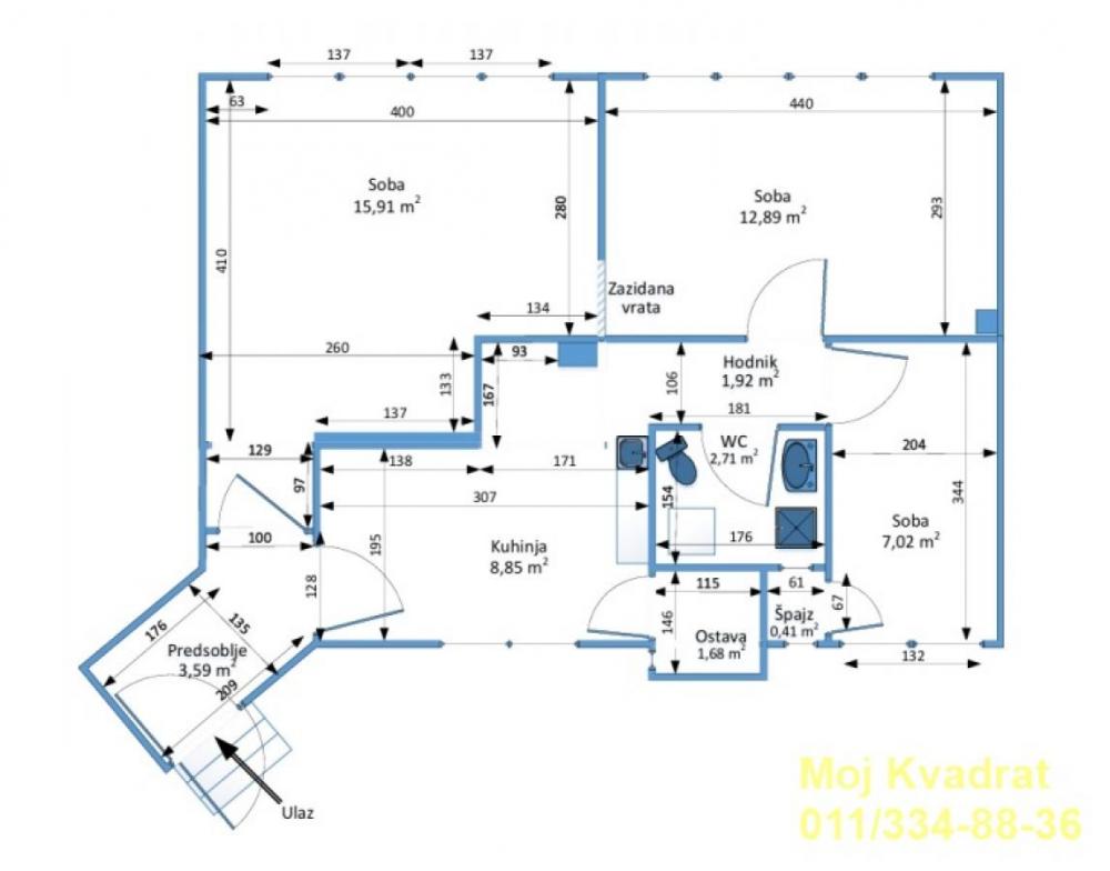 Stan na prodaju u Beogradu, Vukov spomenik, trosoban, 55m2, cena 179000 evra
