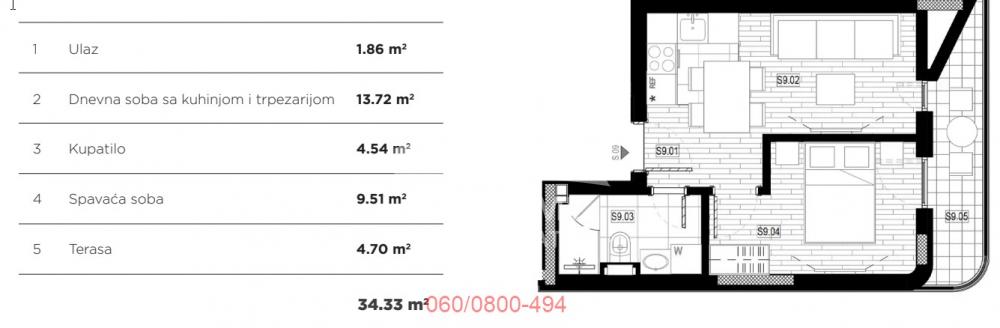 Stan na prodaju u Beogradu, Pašino brdo, dvosoban, 34m2, cena 136500 evra