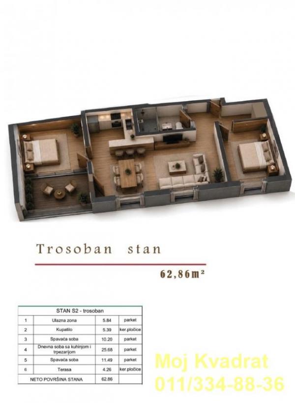 Stan na prodaju u Beogradu, Cvetkova pijaca, trosoban, 63m2, cena 220000 evra