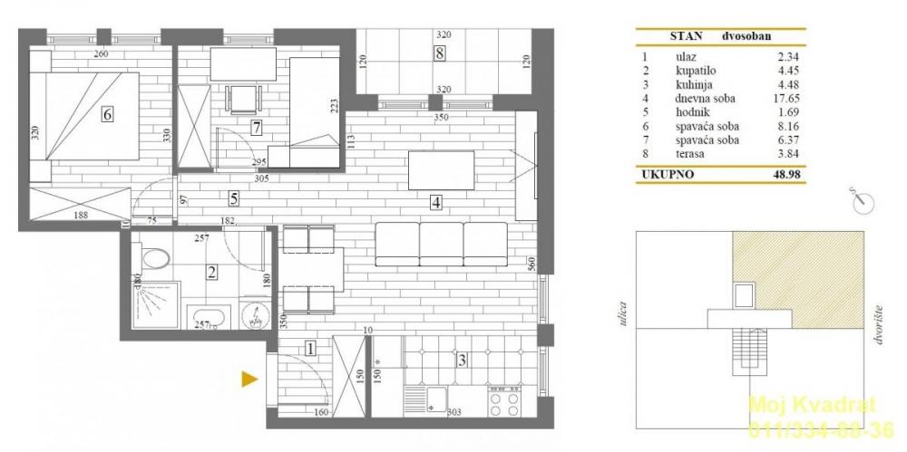 Stan na prodaju u Beogradu, Mirijevo 1, dvosoban, 49m2, cena 122450 evra