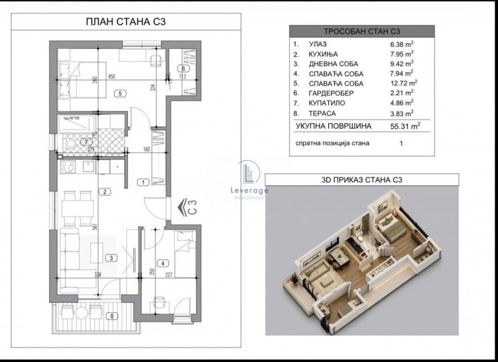 Stan na prodaju u Beogradu, Borča, dvoiposoban, 55m2, cena 112279 evra