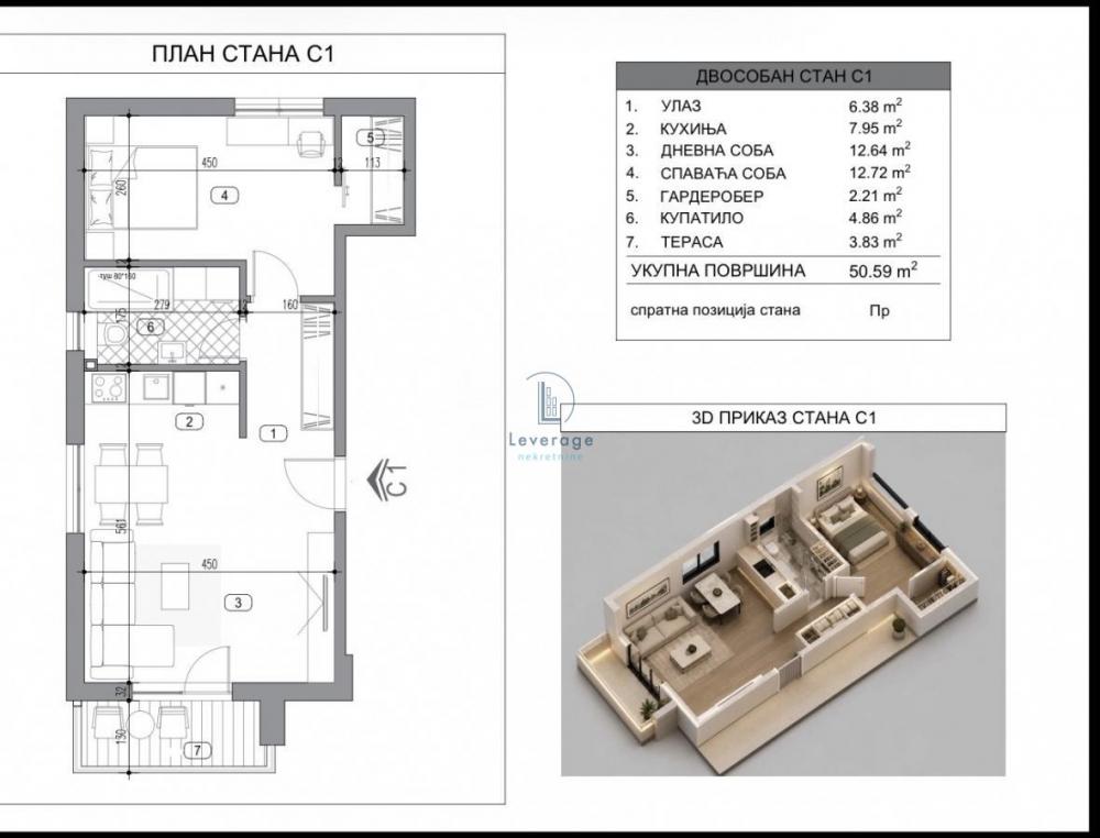 Stan na prodaju u Beogradu, Borča, dvosoban, 50m2, cena 102698 evra