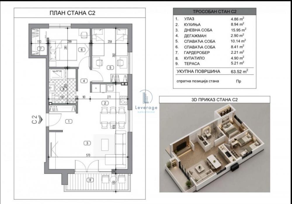 Stan na prodaju u Beogradu, Borča, trosoban, 63m2, cena 124499 evra